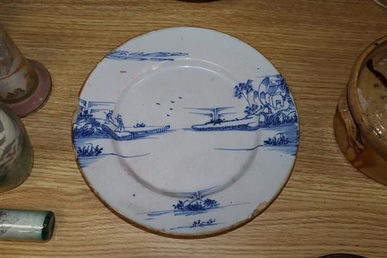 An English Delft plate, a Delft bowl and other items